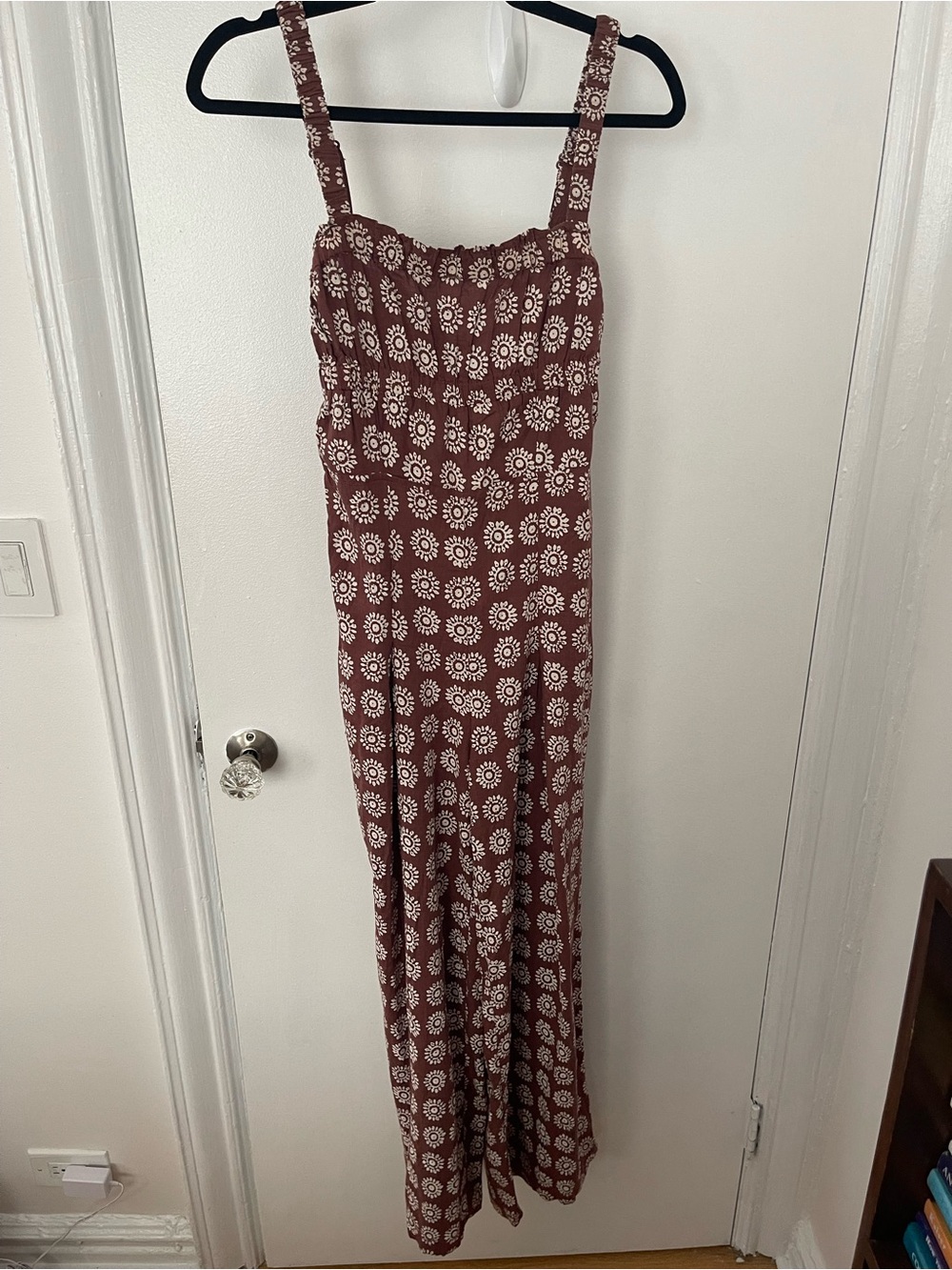 Brown Print Wide-Leg Jumpsuit with Straps